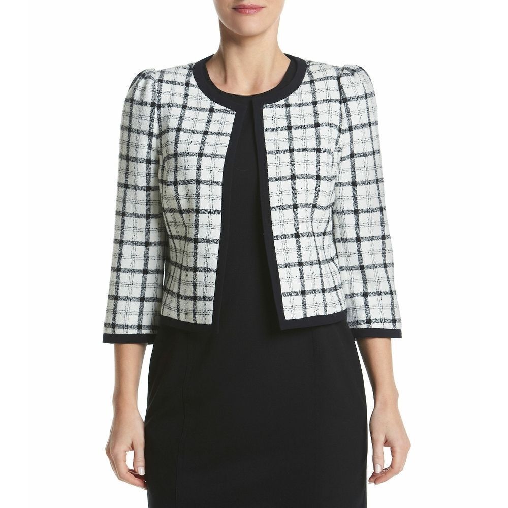 New! NINE WEST Women's Plaid Cropped Jacket Blazer Size 2 Ivory/Black